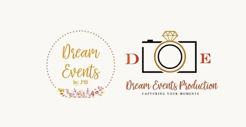 The image features two logos side by side. On the left: - A circular logo outlined with small dots. - Inside, the text "Dream Events" in elegant, gold cursive font. - Below, the text "by: JMD" in smaller font. - A floral design with pink and yellow flowers decorates the bottom. On the right: - An abstract drawing of a camera with a diamond on top. - The letters "D" and "E" are on either side of the camera. - Below, the text reads "Dream Events Production" and "CAPTURING YOUR MOMENTS" in a clean, modern font.