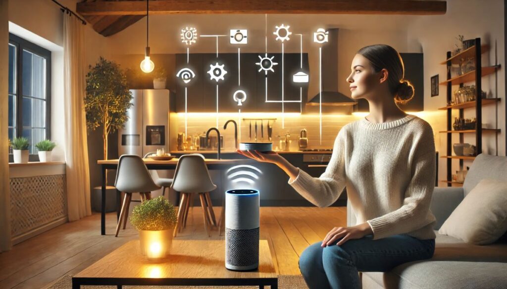 A modern kitchen-living room with warm lighting. A woman sitting on a couch is interacting with a smart speaker placed on a table. She holds her hand above the device, with icons representing various smart home features like lighting, temperature control, and security floating above her palm. The scene illustrates the use of smart home technology to manage household tasks conveniently. The decor includes plants, a wooden table, chairs, a refrigerator, and an organized kitchen counter.