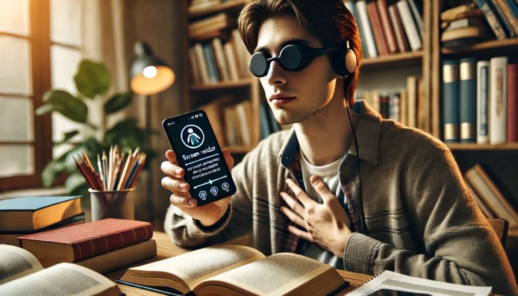 A young man seated at a desk filled with books and pencils. He is holding a smartphone with an app on its screen. The man is wearing dark sunglasses and headphones. In the background, there is a filled bookshelf and a potted plant. The lighting is soft and warm, creating a cozy atmosphere. The man appears to be using assistive technology, potentially for reading or studying purposes.