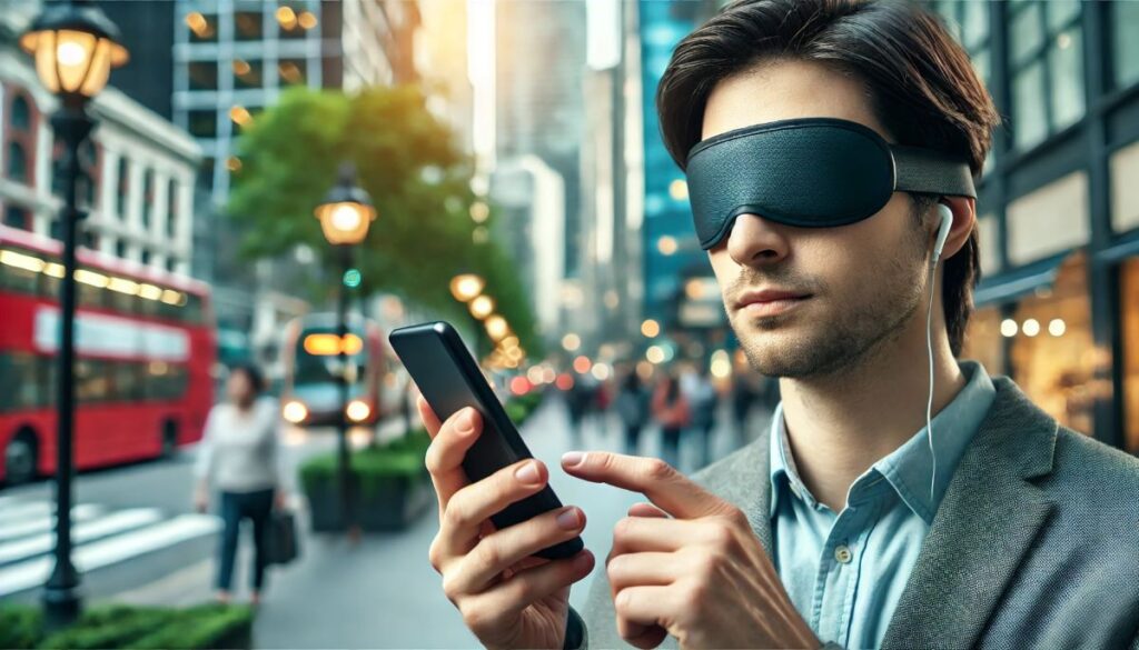 A man standing on a city street, surrounded by tall buildings and urban scenery. He is wearing an eye mask or blindfold and has earphones in his ears. The man is holding and interacting with a smartphone using one hand. The background shows a double-decker bus and several people walking, with the street lined with old-fashioned street lamps and greenery. The overall setting appears to be modern and bustling, typical of a busy city environment. The man seems focused on his device despite being visually impaired and in a potentially distracting environment.