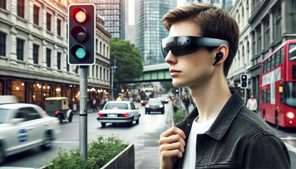 A young person standing on a bustling city street. They are wearing futuristic-looking augmented reality (AR) glasses and wireless earbuds. The traffic light nearby displays a red signal. The background features various cars, including a red double-decker bus, against a backdrop of tall buildings and shops. The overall atmosphere is that of a modern urban environment.