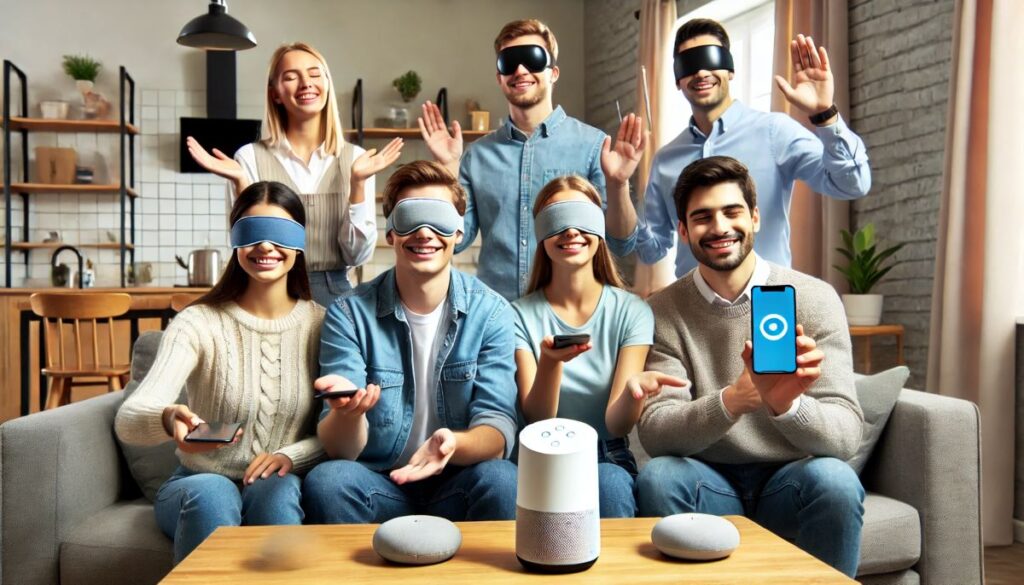 A group of six people in a modern living room. Three individuals sitting on a couch are wearing eye masks, smiling, and holding smartphones. One person in the front holds a smartphone showing a blue screen with a white circular logo. Three more people stand behind the couch, two wearing masks, and one with open eyes, all appearing happy and cheerful. On the coffee table are various smart speakers and a small plant.