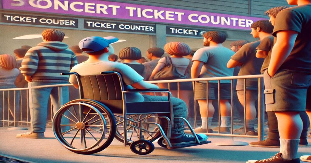 A crowd of people lined up at a concert ticket counter. The line appears to be orderly, with individuals patiently waiting. At the front of the line, a person in a wheelchair is visible. The ticket counter has signs above it labeled "TICKET COUNTER." The atmosphere suggests anticipation and excitement, typical of a concert event setting.