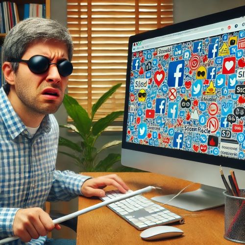 A frustrated visually impaired in front of a computer using social media.